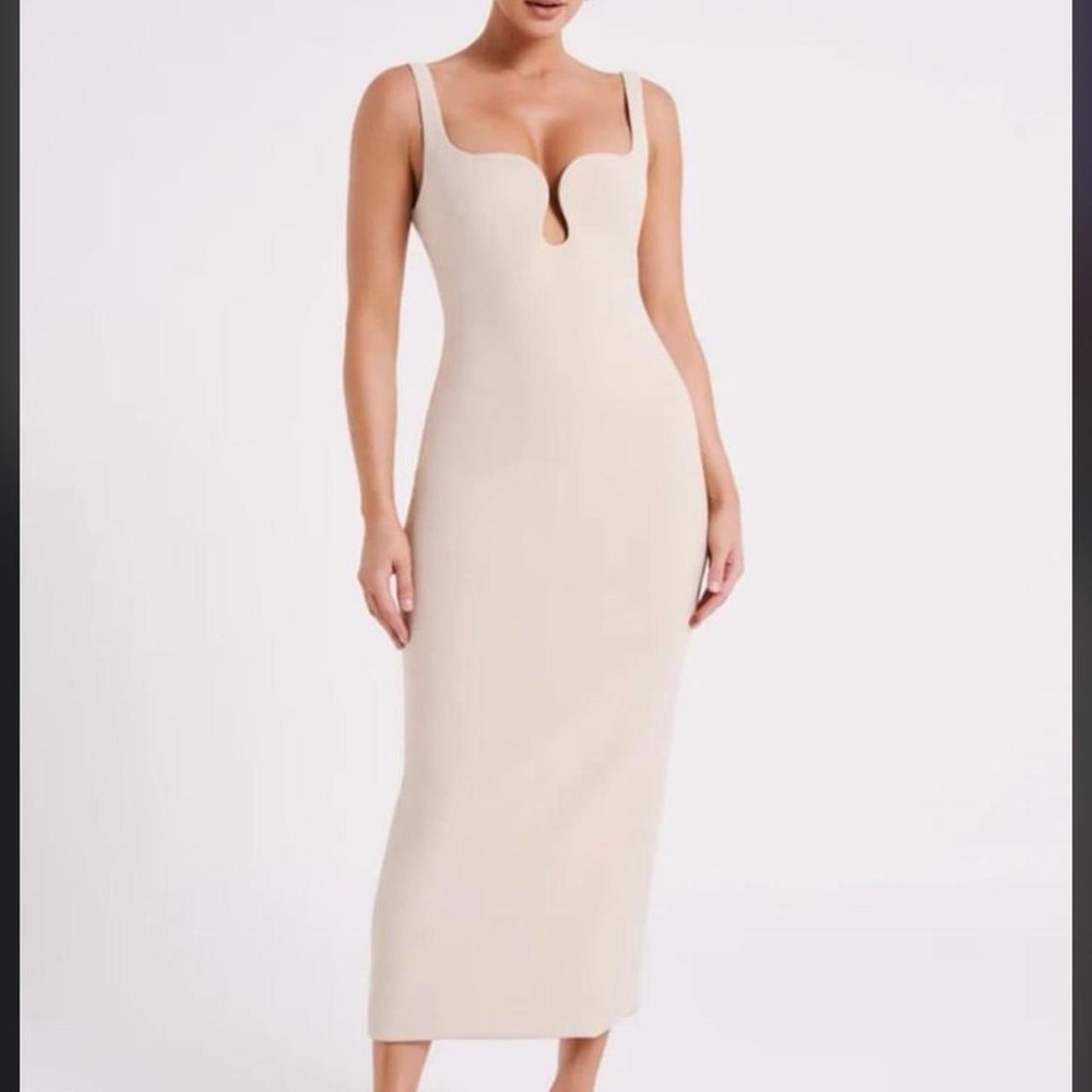 Meshki Cream Sculpted Neckline Bodycon Midi Dress